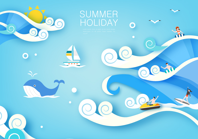 夏日海中冲浪帆船矢量插画设计