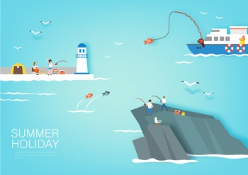 夏日海边度假钓鱼矢量插画设计