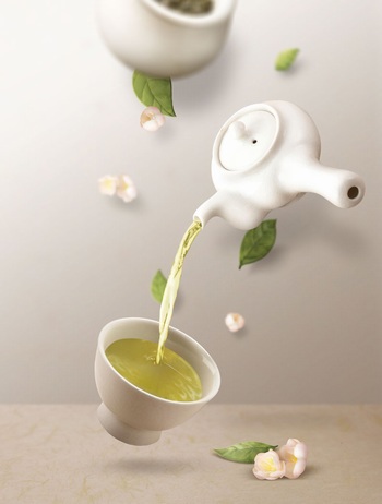 创意茶壶绿茶茶杯悬浮海报