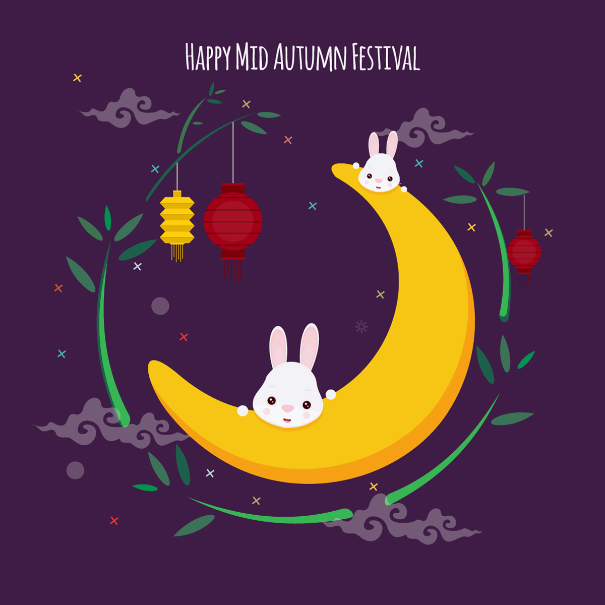 中秋节弯月可爱兔子装饰图案海报背景矢量素材