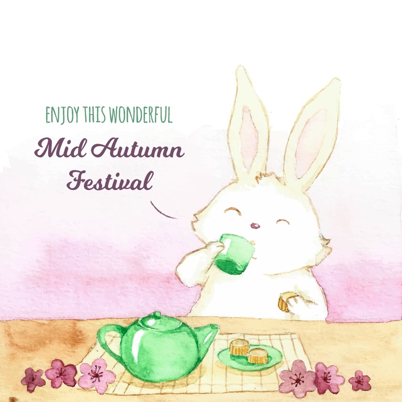 手绘兔子喝茶儿童水彩画矢量图