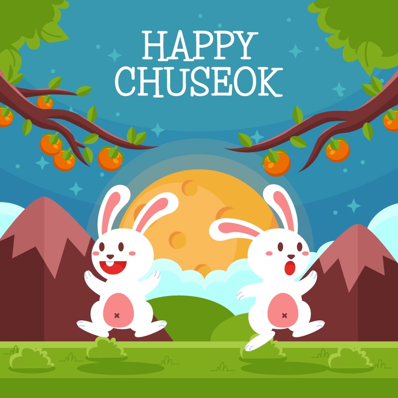 中秋节两只可爱的小白兔儿童画