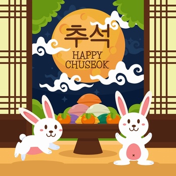 中秋节月光下两只可爱的小白兔儿童画
