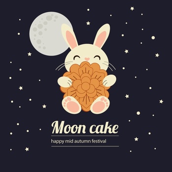 中秋抱著月餅開心的小白兔兒童畫
