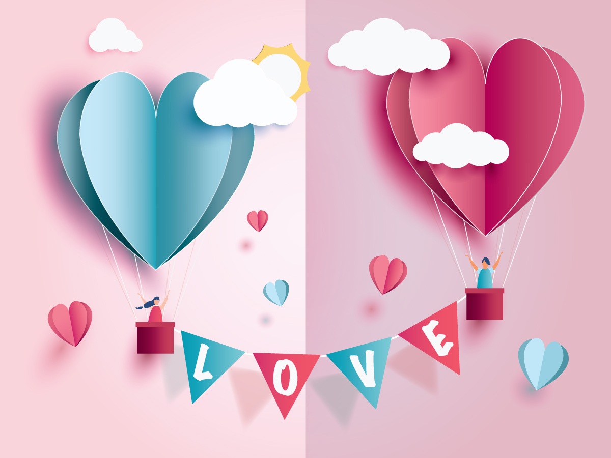 七夕情人节立体折纸爱心热气球插画海报矢量素材