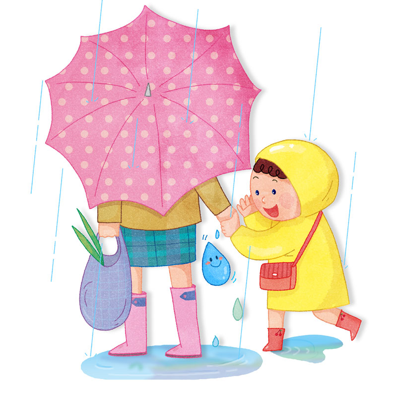 手绘插画穿黄色雨衣的小孩拉着妈妈的手