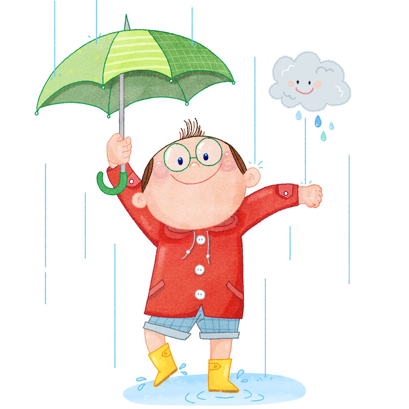 雨中打伞踩水的小男孩手绘插画
