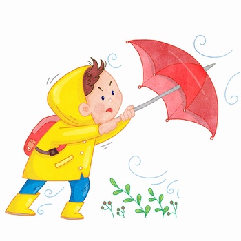 风雨中打伞的小男孩手绘插画