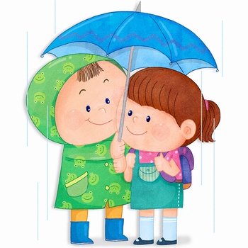 下雨天打一把伞的小男孩和小女孩手绘插画