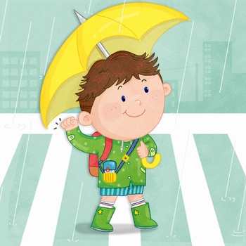雨中打伞的小男孩在上学路上手绘插画