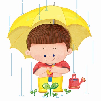 小男孩在雨中打伞看护发芽的嫩苗手绘插画