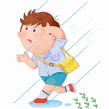 奔跑躲雨的小男孩手绘插画