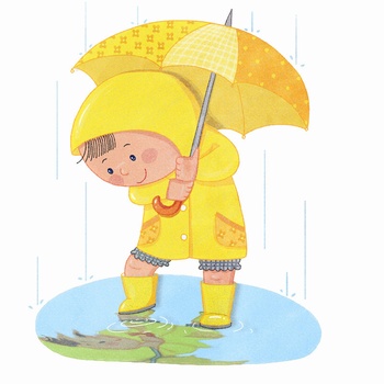 雨中打伞看自己水中倒影的小男孩手绘插画