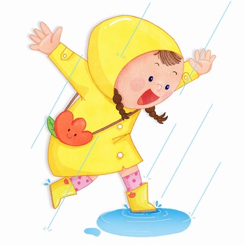 下雨天小孩穿雨鞋踩水的手绘插画