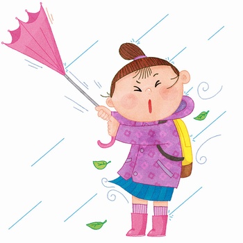 风雨太大把伞吹翻的手绘插画