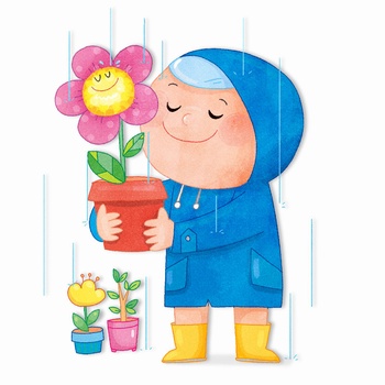 雨中小男孩捧着花盆的手绘插画
