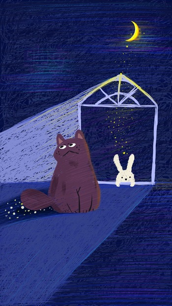 唯美手绘小猫兔子月夜ps插图插画素材