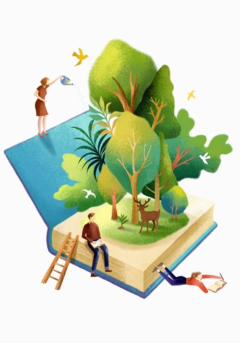 创意ps手绘创意森林大树书本插图素材