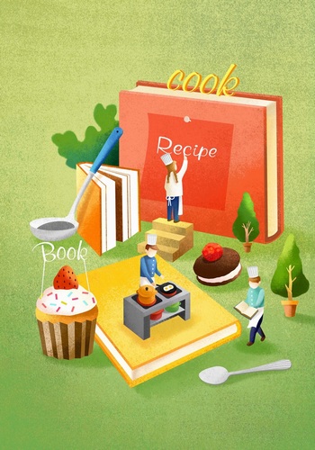 创意手绘ps美食厨房创意书本插图素材