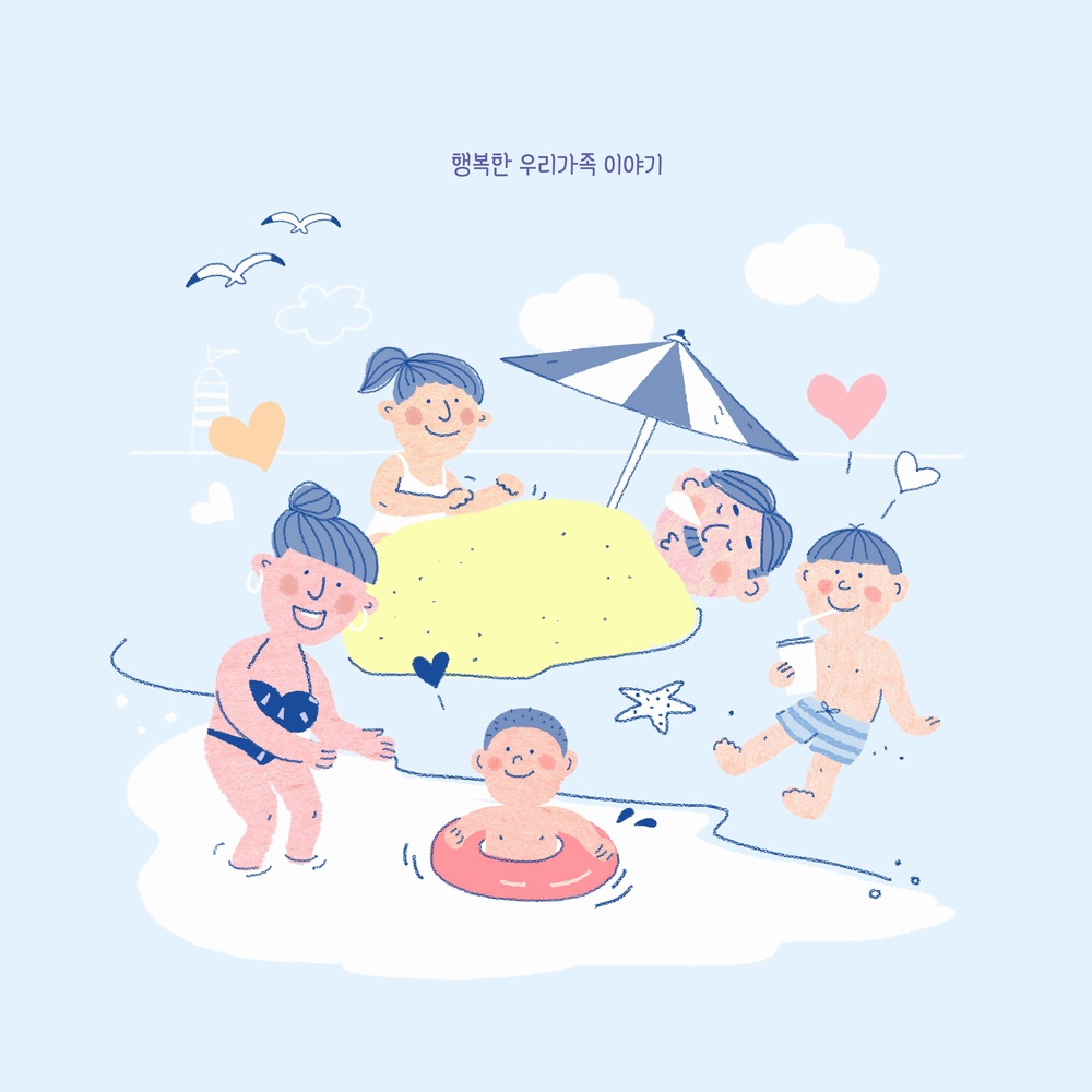一家人在海滩边游玩场景的ps插画素材