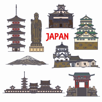 扁平化日本古代建筑矢量插图素材