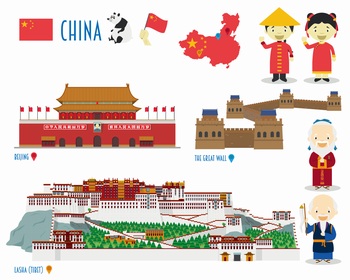 扁平化中国著名景点元素矢量插图素材