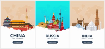 中国俄罗斯和印度的著名建筑矢量插图素材