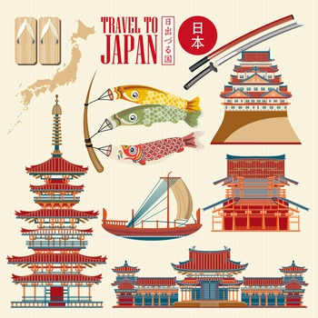 日本传统建筑和文化元素矢量插图素材