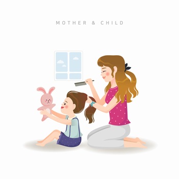媽媽給女兒梳辮子的親子場景矢量插圖