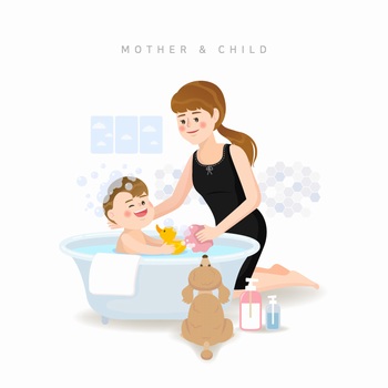 媽媽給孩子洗澡的親子場景矢量插圖