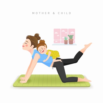 小女孩抱着做瑜伽的妈妈矢量插图