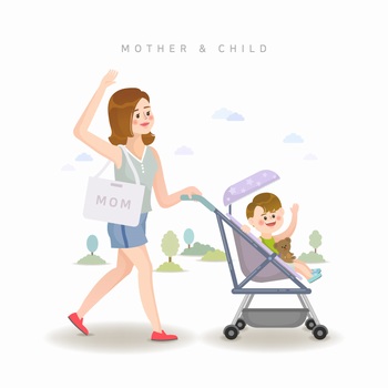 媽媽推著嬰兒車逛街的矢量插圖