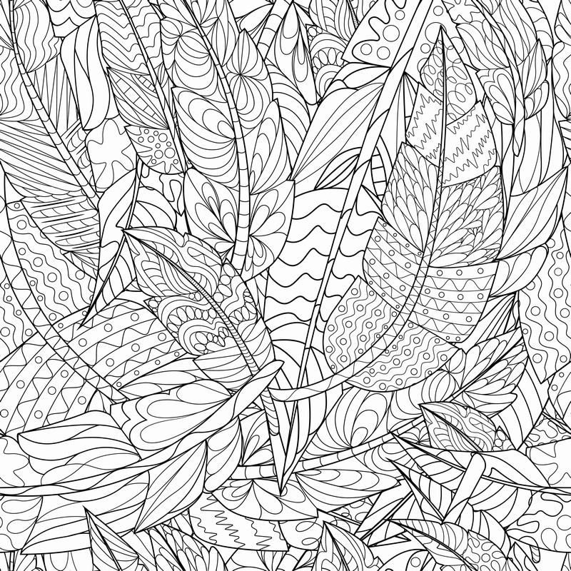 叶子植物黑白线稿矢量无缝拼图图案
