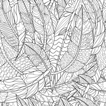 叶子植物黑白线稿矢量无缝拼图图案