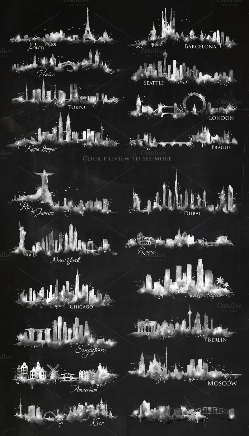 世界城市地标建筑水彩黑白矢量图