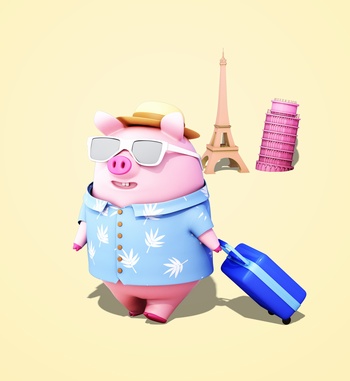 3D立体旅游的卡通小猪形象PS分层素材