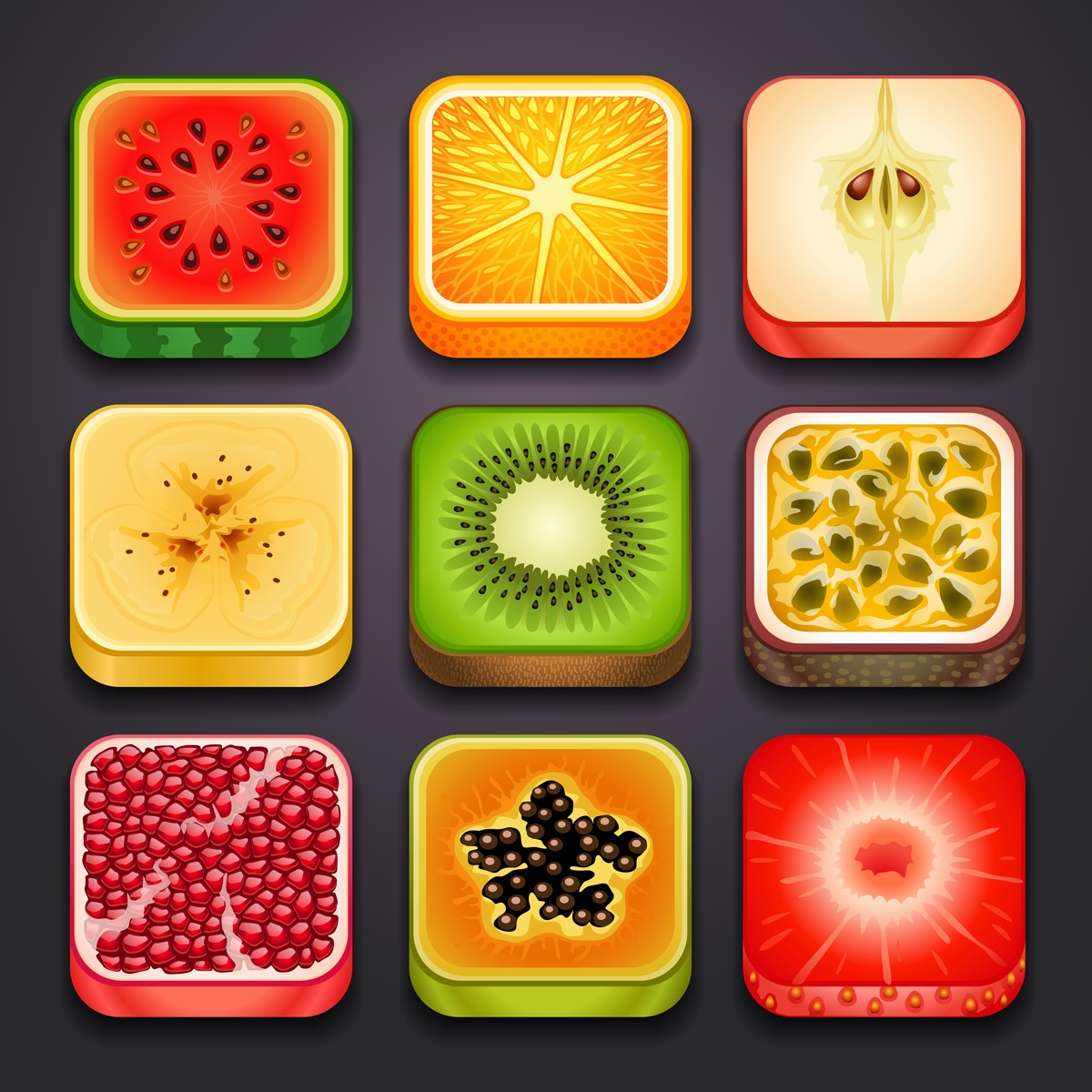 拟物化立体方形水果切片剖面矢量icon图标