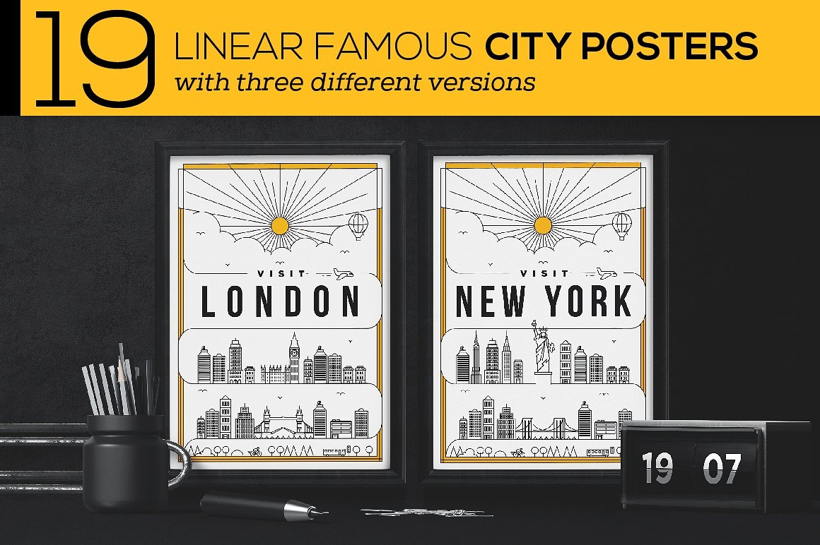 19个著名城市线性建筑海报矢量图