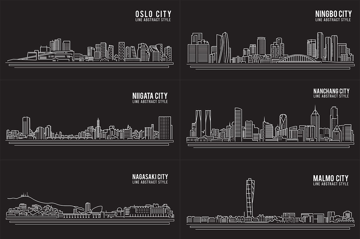 线性城市地标建筑矢量图