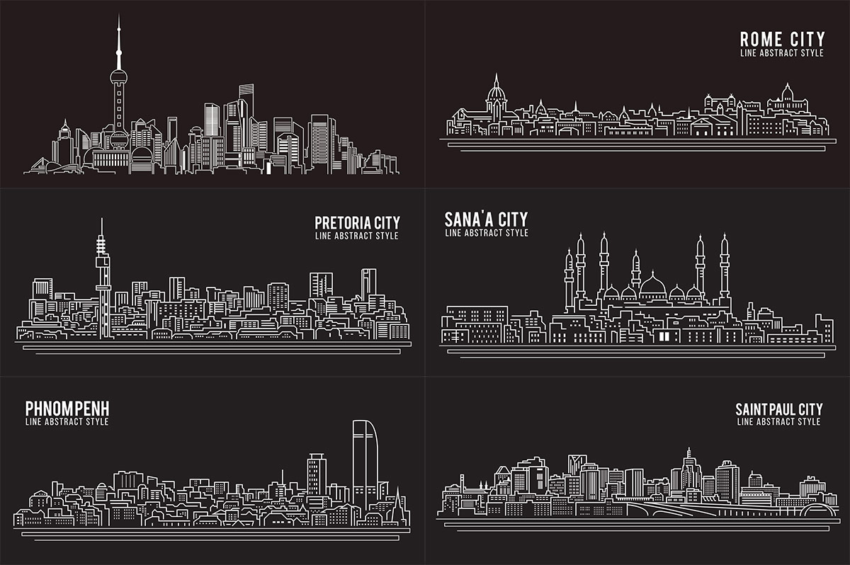 线性城市地标建筑矢量图