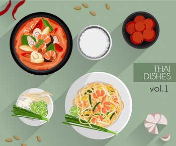 扁平化泰国菜矢量美食插图