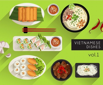 扁平化越南菜矢量美食插图