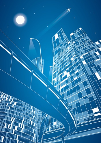 仰视城市夜景建筑大楼立交桥线描矢量图
