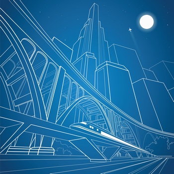 城市建筑和動車高架橋線描矢量圖背景