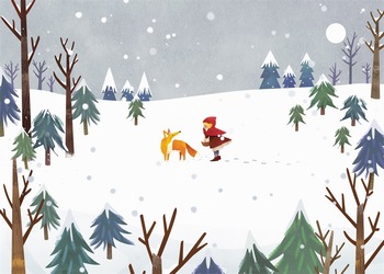冬季童话雪景小红帽与狐狸ps插画素材