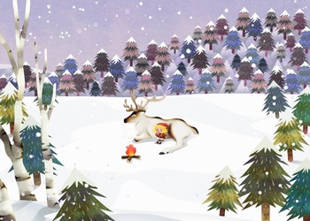 冬季童话树林雪景烤火的小女孩ps插画素材