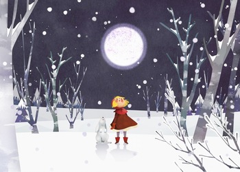 冬季童话黑夜雪景小女孩ps插画素材