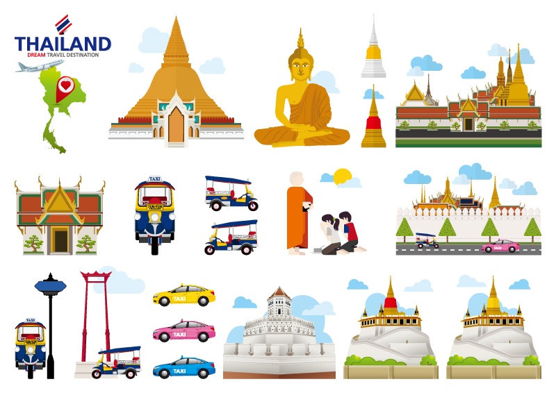 扁平化泰国旅游建筑景点度假游矢量海报图