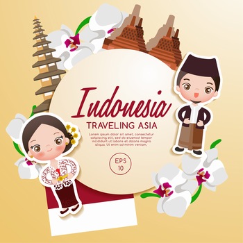 印度尼西亚民族服装卡通小人地标建筑矢量图