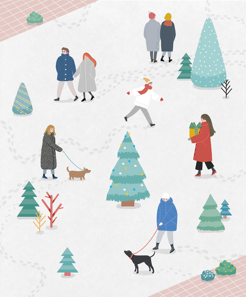 圣诞节雪地上的行人ps插画素材